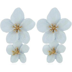 Women's White Elegant Double Flowers Dangle Layered Floral Petal Drop Earring